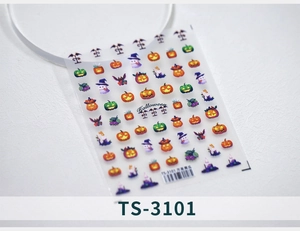 Detail of Halloween nail stickers with pumpkins, ghosts, and bats patterns on TS-3101