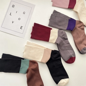 Flat lay detail of colorful ribbed cashmere blend socks with striped retro patterns