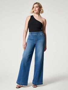 Women High Waist Wide Leg Jeans Cotton Denim Straight Casual Washed Blue Trousers With Front Seams