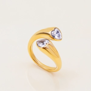 Detail of 18k gold plated stainless steel ring with asymmetric double heart zircons