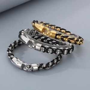 Herren Armband aus geflochtenem Leder und Edelstahl mit griechischem Muster Gliedern