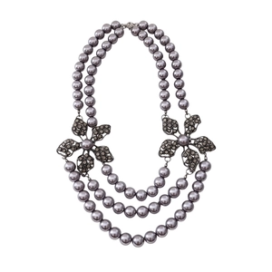 French vintage double-layer grey pearl necklace with hollow floral charms for women