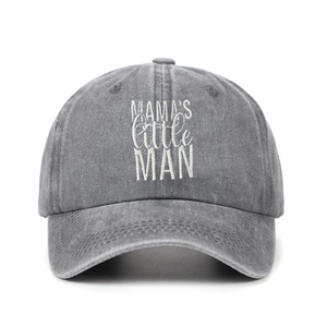 Close-up of white MAMA'S little MAN embroidery on grey cotton canvas baseball cap