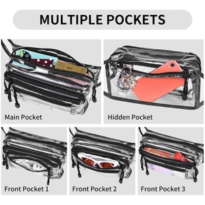 Clear PVC fanny pack with black trim and multiple pockets for organized storage