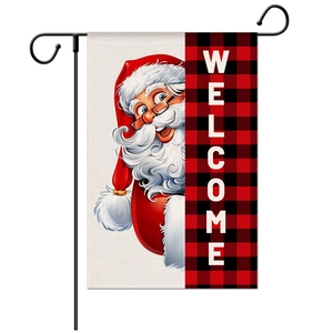 Christmas garden flag with Santa Claus face and plaid pattern featuring Welcome text