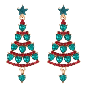 Luxury colorful Christmas tree stud earrings with heart-shaped gems and gold base