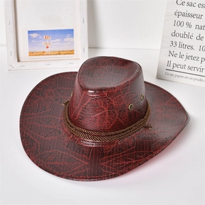 Cappello da cowboy rosso scuro in pelle PU con foglie a rilievo e corda intrecciata