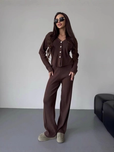 Women Knitted Ribbed Cotton Cardigan And Wide Leg Pants Loungewear Streetwear V Neck Long Sleeve Button Down Casual Outfits