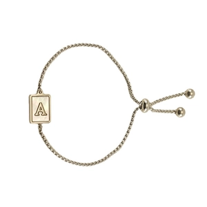 Elegant gold adjustable bracelet with letter A pendant and mother of pearl detail