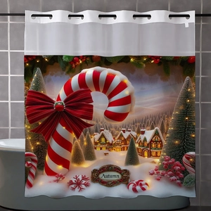 Christmas shower curtain with candy cane design and snowy winter village scene