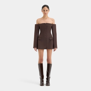 Detail view of a dark brown off-shoulder long sleeve blazer dress with front buttons