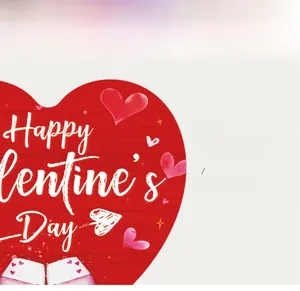 Detail of heart wooden sign with UV printed Happy Valentine's Day greeting and red wood grain