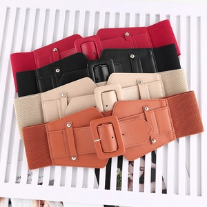 Women Vintage Wide Elastic Corset Belt Artificial Leather Waist Seal With Square Buckle Rivets For Dresses Shirts Accessories