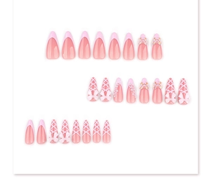 Detailed set of short almond press-on nails with 3D bows, pearls and pink French design