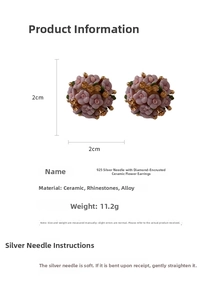 Detail showing pink ceramic flower earrings with yellow crystal and 925 silver posts