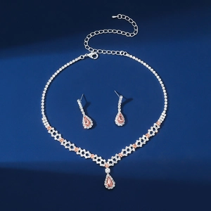 Elegant peach pink teardrop crystal jewelry set including necklace and earrings