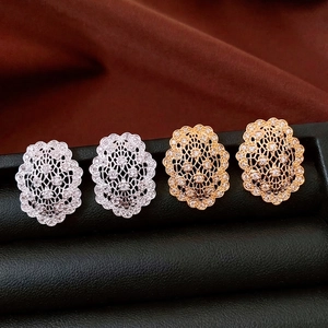 Oval Hollow Filigree Stud Earrings With Silver Earring Post Copper Zircon Vintage Palace Luxury Style For Women