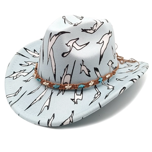 Hellblauer Cowboyhut mit Möwen-Druck und handgewebtem braunem Band für Outdoor