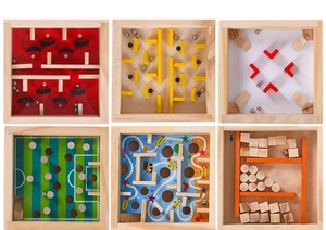 Detailed set of six diverse wooden maze puzzles featuring colorful paths and metal balls