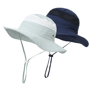 Detail view of quick-dry sun hats with breathable mesh panels and adjustable chin straps