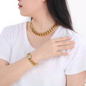 Gold-plated Cuban link necklace and bracelet set with CNC crystal stones for men and women