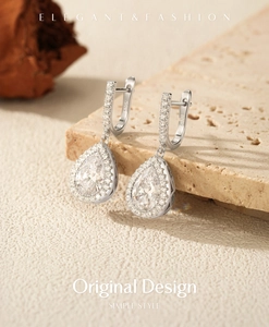 Detail of S925 sterling silver teardrop earrings with shimmering pear-cut cubic zirconia