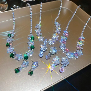Luxury zircon flower jewelry set including silver necklaces and earrings with gems