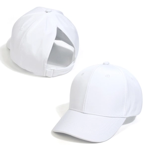 Close-up of white ponytail baseball cap featuring a large back opening and adjustable strap