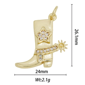 Detail of 18k gold plated cowboy boot pendant with cubic zirconia inlay and dimensions