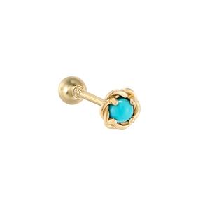 Detailed close-up of a gold flower cartilage stud with a blue turquoise center and screw back