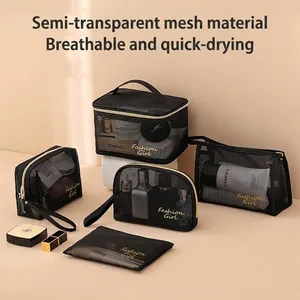 Mesh Makeup Bag Transparent Large Capacity Toiletry Organizer Portable Travel Cosmetic Pouch Zip For Women Black