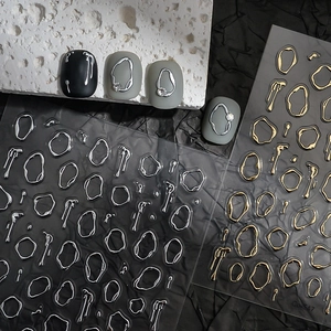 3D metallic gold and silver nail stickers with fluid irregular liquid lines on matte nails