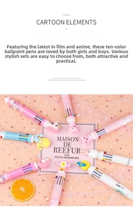 Detail of 10-color retractable ballpoint pen with 3D cartoon unicorn and animal toppers