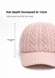 Detail showing pink cable-knit beanie texture and 13cm deep cap measurement