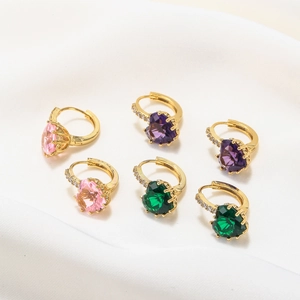 Luxury 18K gold plated hoop earrings with pink, purple, and green heart-shaped zircons