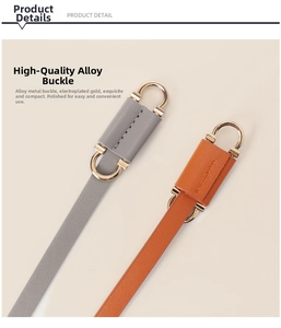 Detail of grey and orange slim leather belts with polished gold semicircular alloy buckles