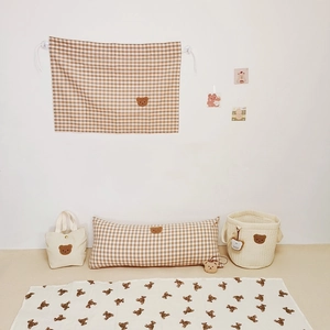 Quilted cotton baby nursery collection with bear embroidery in beige plaid pattern