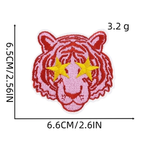 Pink tiger head cartoon embroidery patch with yellow stars for clothing accessories