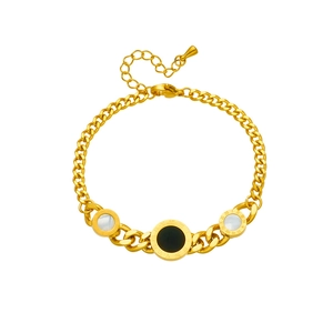 Gold titanium steel link bracelet with Roman numeral round pendants and shell inlay