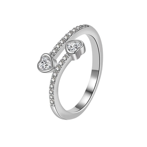 Elegant silver open ring with double heart-shaped zircons and micro-pave accents