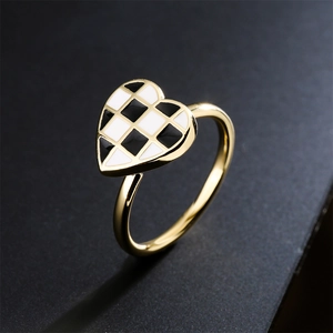 18K gold-plated open ring with heart-shaped black and white checkerboard enamel design