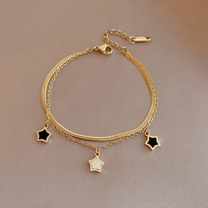 Bracelet double couche en acier inoxydable doré avec pendentifs étoile et chaîne