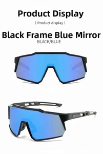 Detail view of black matte cycling glasses with blue mirrored lens for UV protection
