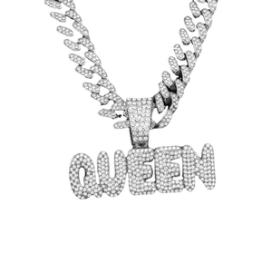 Silver QUEEN iced out pendant necklace with sparkling diamonds on a robust Cuban link chain