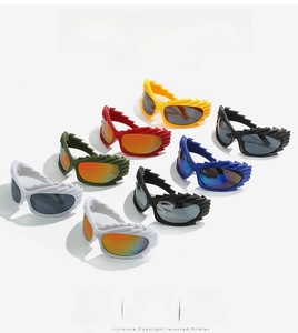 Detailed group view of colorful punk sunglasses with flame frames and high-quality lenses