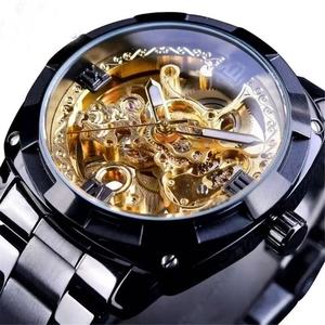 Men's skeleton mechanical watch featuring a black stainless steel band and gold gear movement