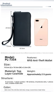 Detailed size comparison of black genuine leather RFID wallet and mobile phone