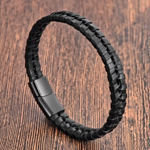 Double-layered black braided leather bracelet for men with magnetic stainless steel clasp