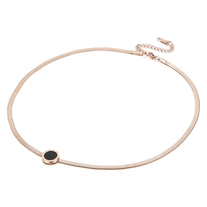 Rose gold flat snake chain necklace with Roman numeral engraved black shell pendant