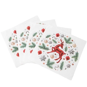 Christmas dinner napkins set with red metallic reindeer and festive floral wreath prints